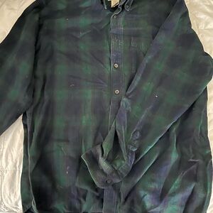 Vintage L.L. Bean Men's Blue and Green Plaid Shirt